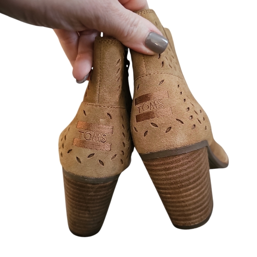 Toms toffee brown suede peep toe block heel ankle boots sz 7 - Picture 4 of 7